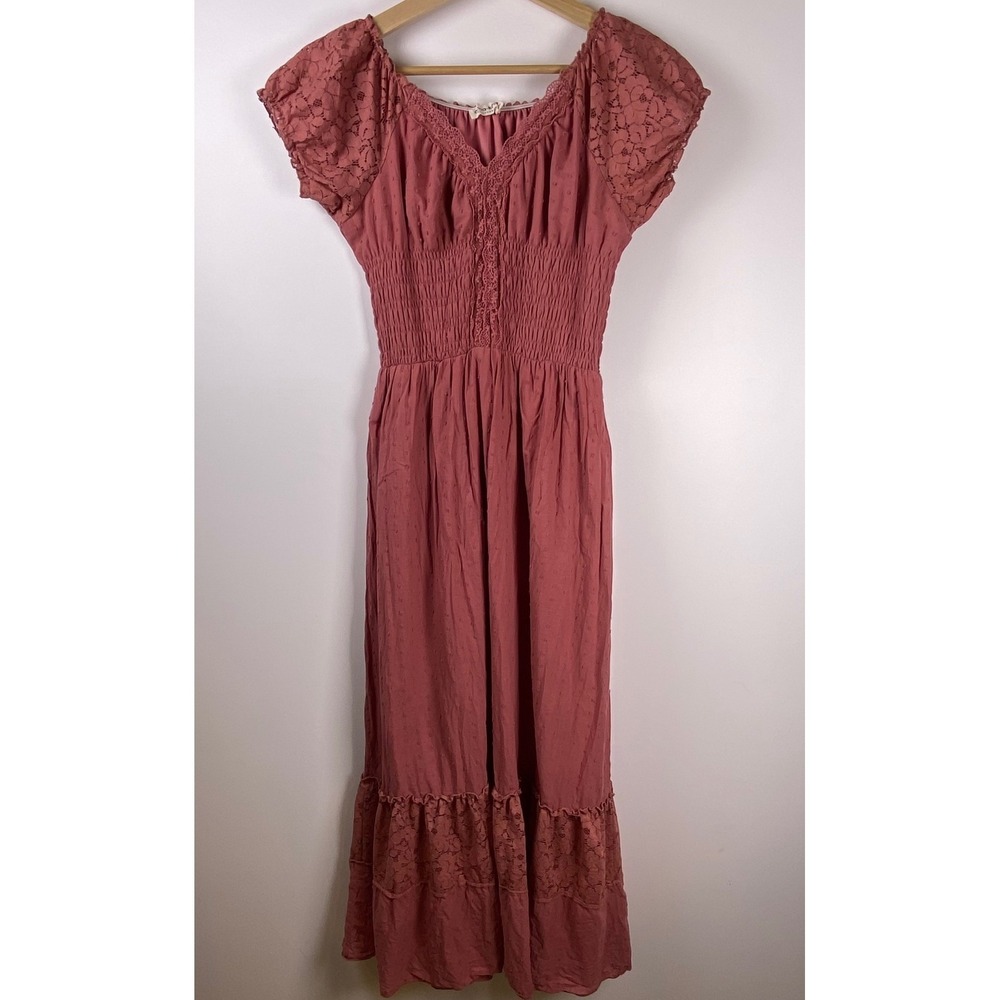 Anna-Kaci California Smocked Lace Maxi Dress Pink Size S Swiss Dot Renaissance